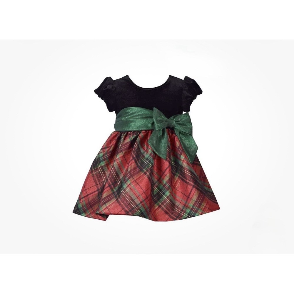 Bonnie Baby Girls Holiday Plaid Velvet Dress Black Red Green Bow 6-9M